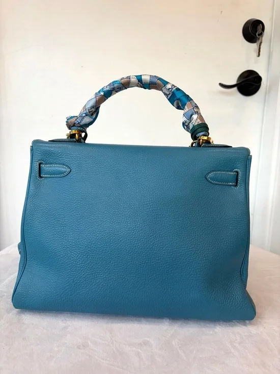 Hermes Kelly32 Retourne,Togo, BleuJean/Gold, box/duster/twilly, PRICE FIRM - Picture 6 of 17